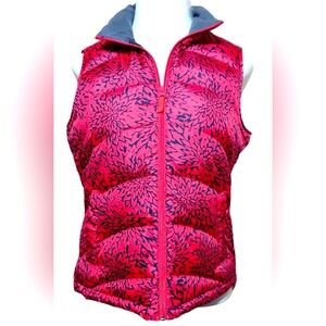 LANDS Lands’ END Coral Navy Blue Floral Down Feather Puffer Vest L Large